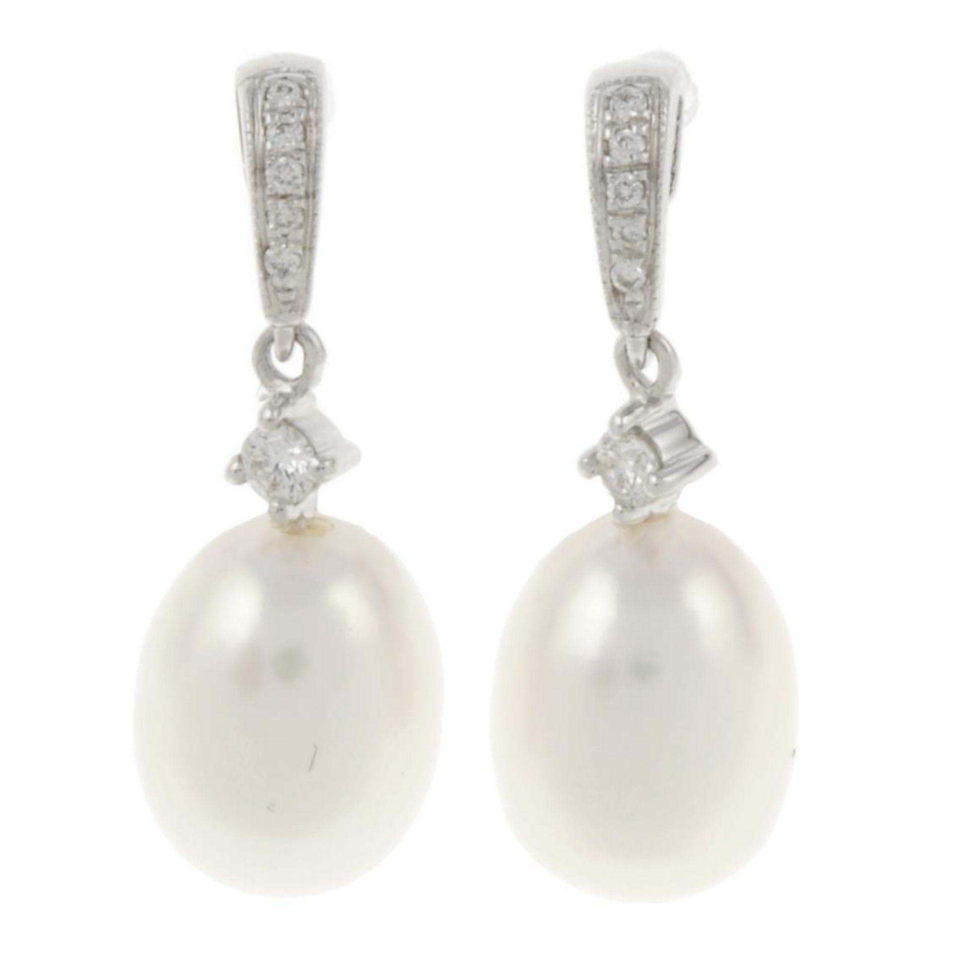A pair of 18ct gold freshwater cultured pearl and brilliant-cut diamond drop earrings.Approximate
