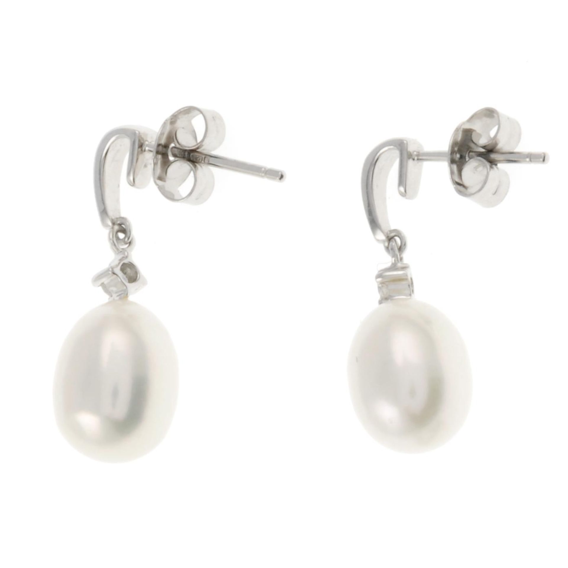 A pair of 18ct gold freshwater cultured pearl and brilliant-cut diamond drop earrings.Approximate - Image 2 of 2