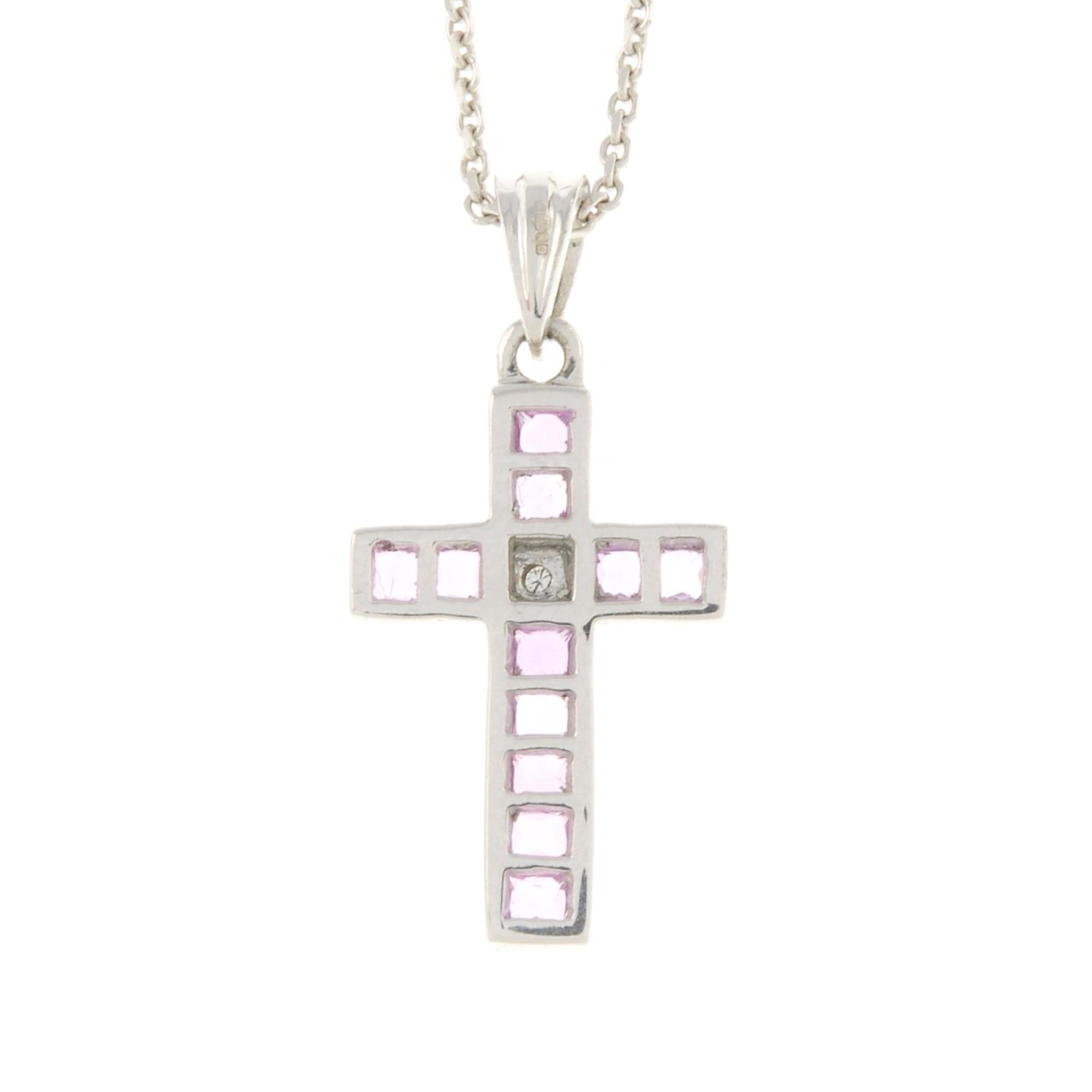 An 18ct gold pink sapphire and square-shape diamond cross pendant, - Image 2 of 3