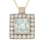 An aquamarine and vari-cut diamond cluster pendant,