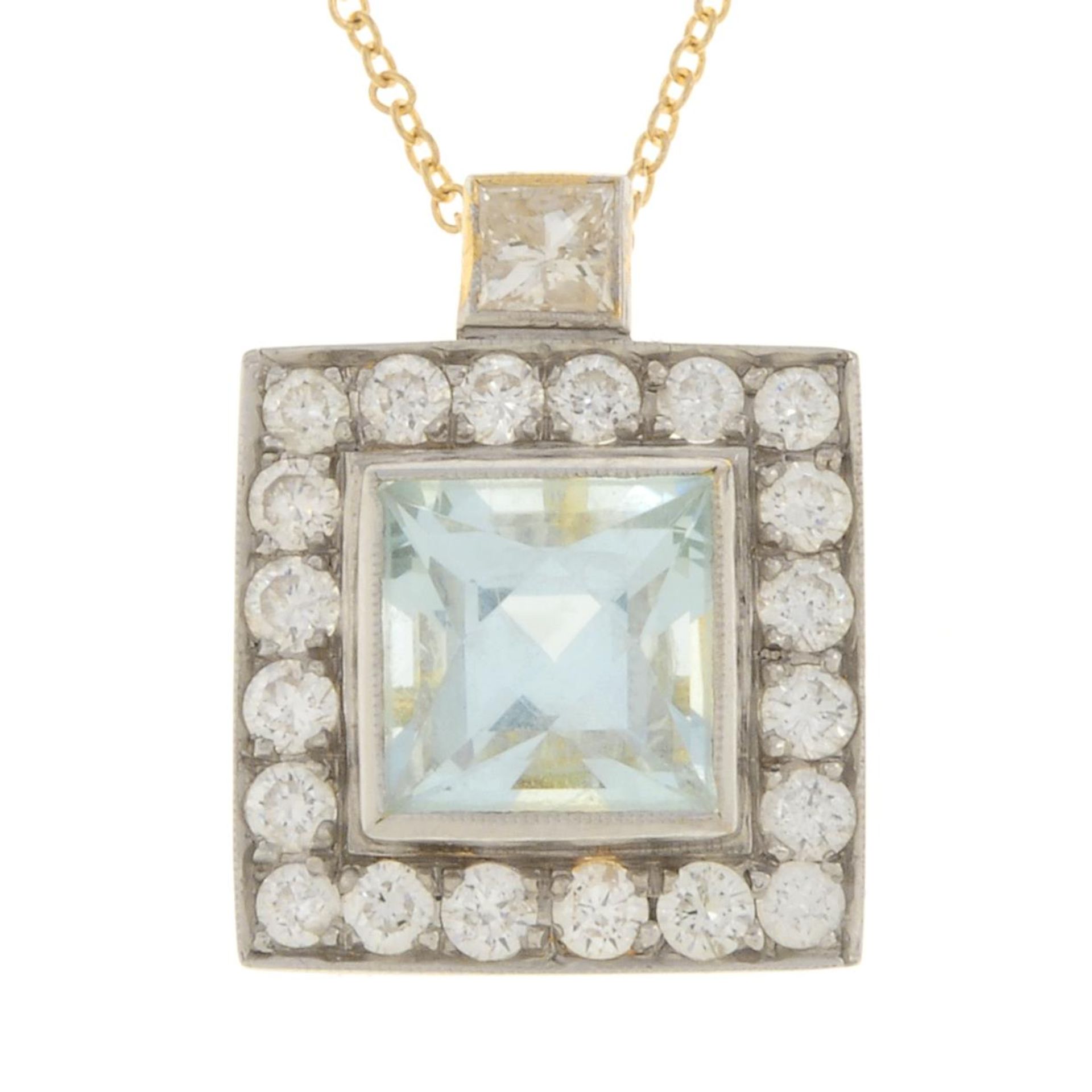 An aquamarine and vari-cut diamond cluster pendant,