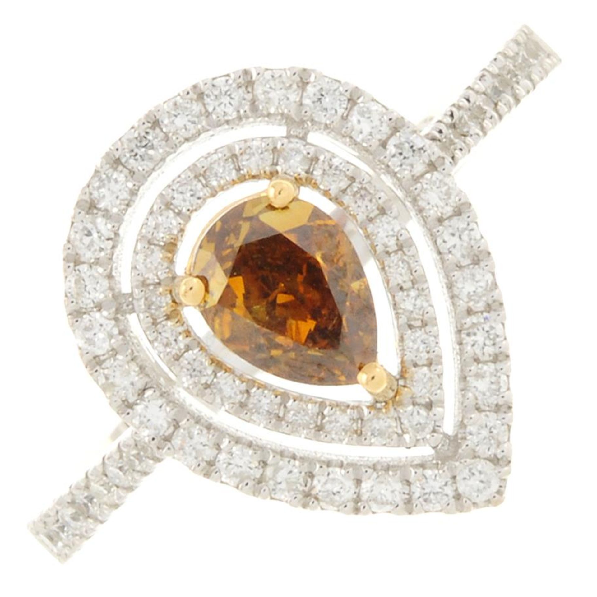 An 18ct gold pear-shape coloured diamond and brilliant-cut diamond cluster ring.Principal diamond