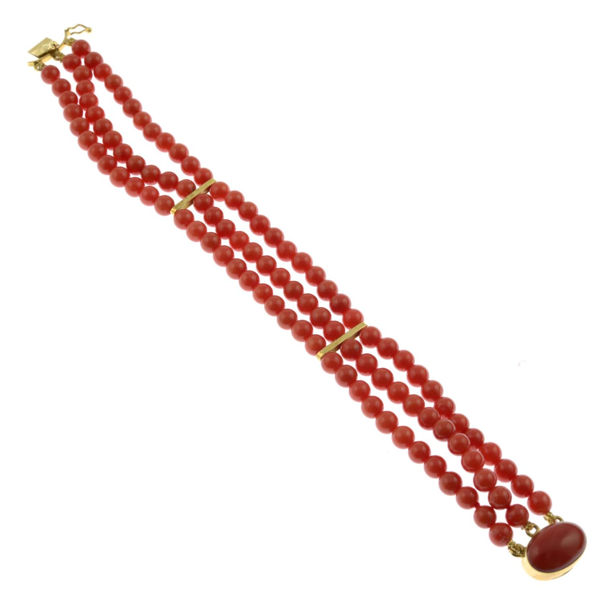 A coral bead three-row bracelet, - Image 2 of 3