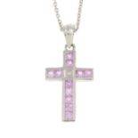 An 18ct gold pink sapphire and square-shape diamond cross pendant,