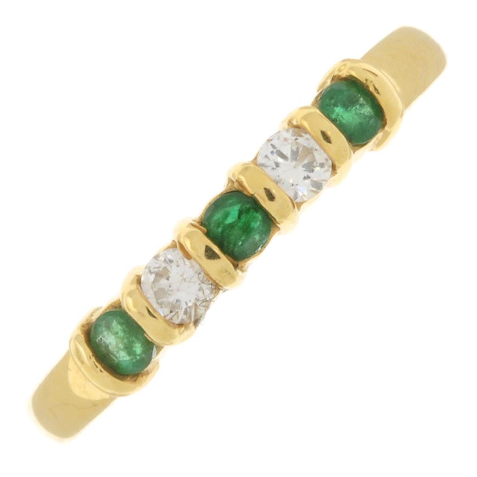 An 18ct gold emerald and brilliant-cut diamond five-stone ring.Estimated total diamond weight