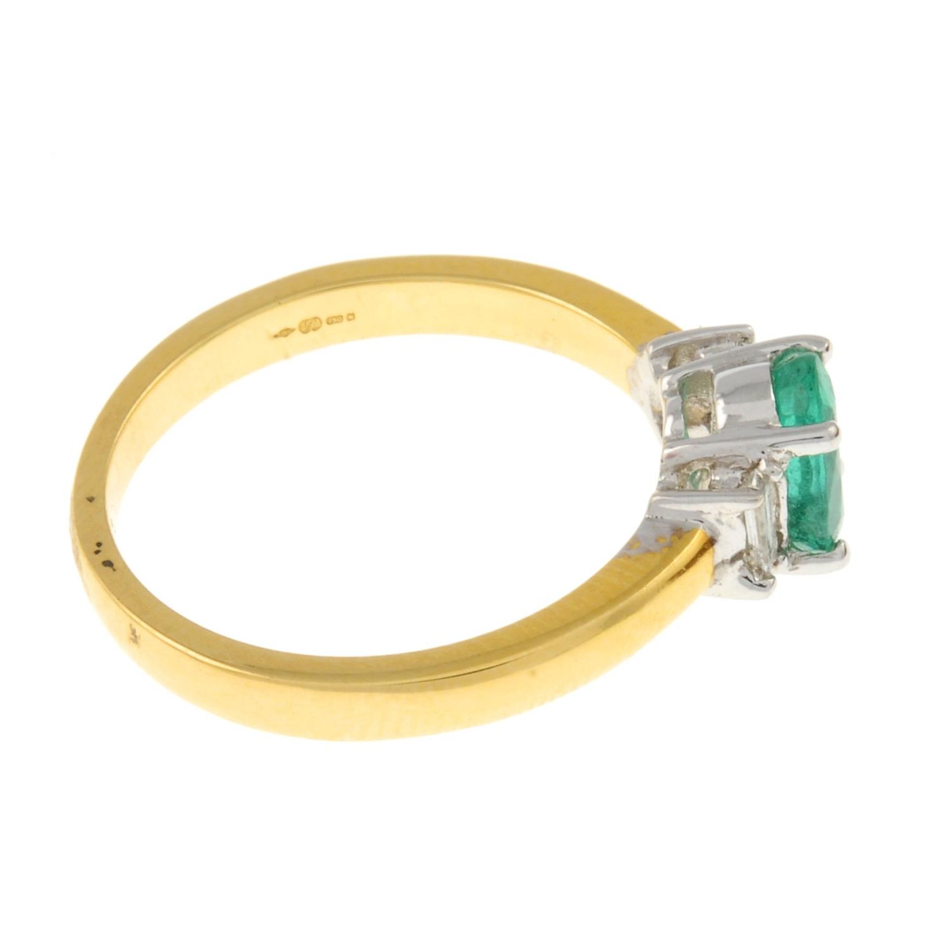 An 18ct gold emerald and baguette-cut diamond three-stone ring.Emerald calculated weight 0.65ct, - Image 3 of 4