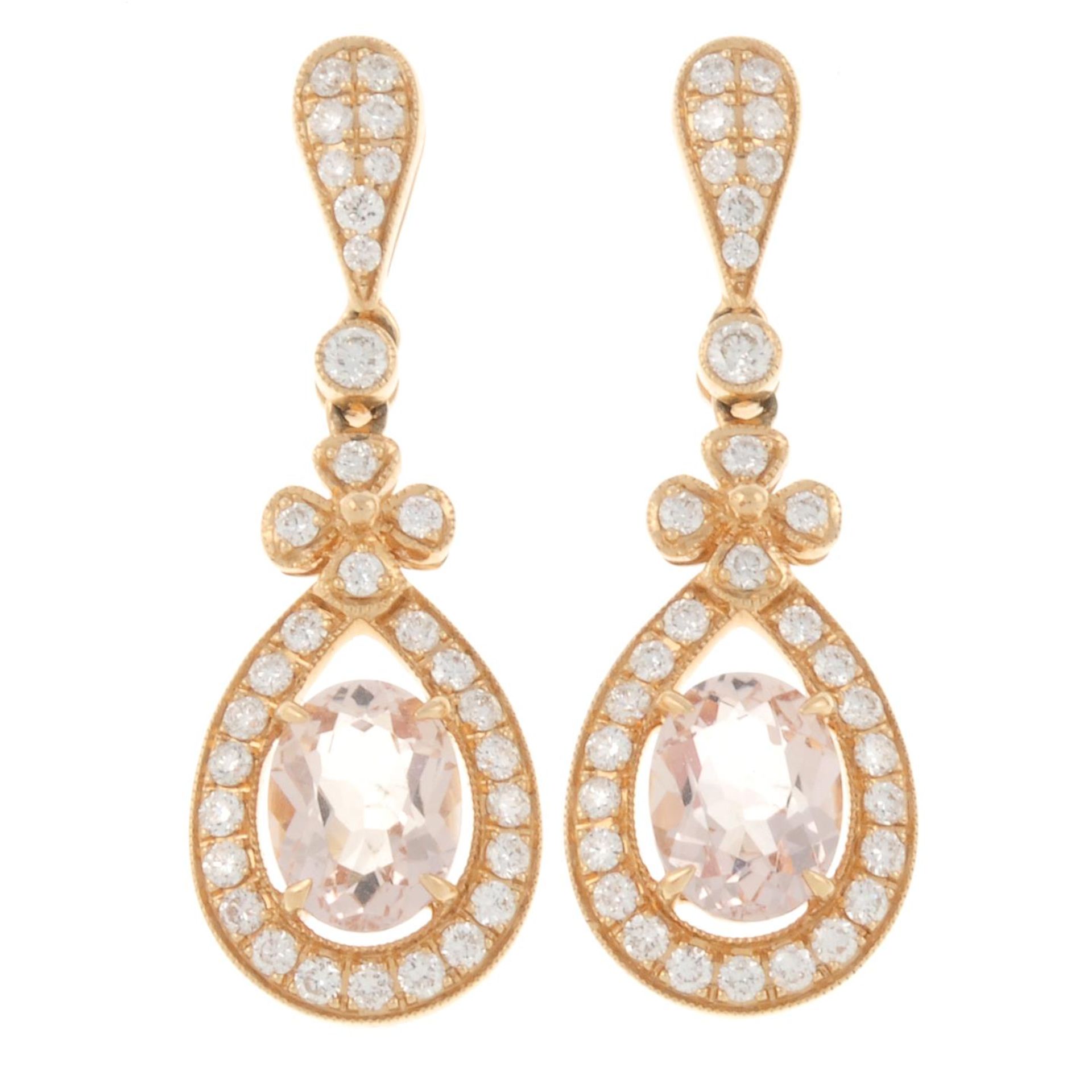 A pair of 18ct gold brilliant-cut diamond and morganite drop earrings.Total morganite weight