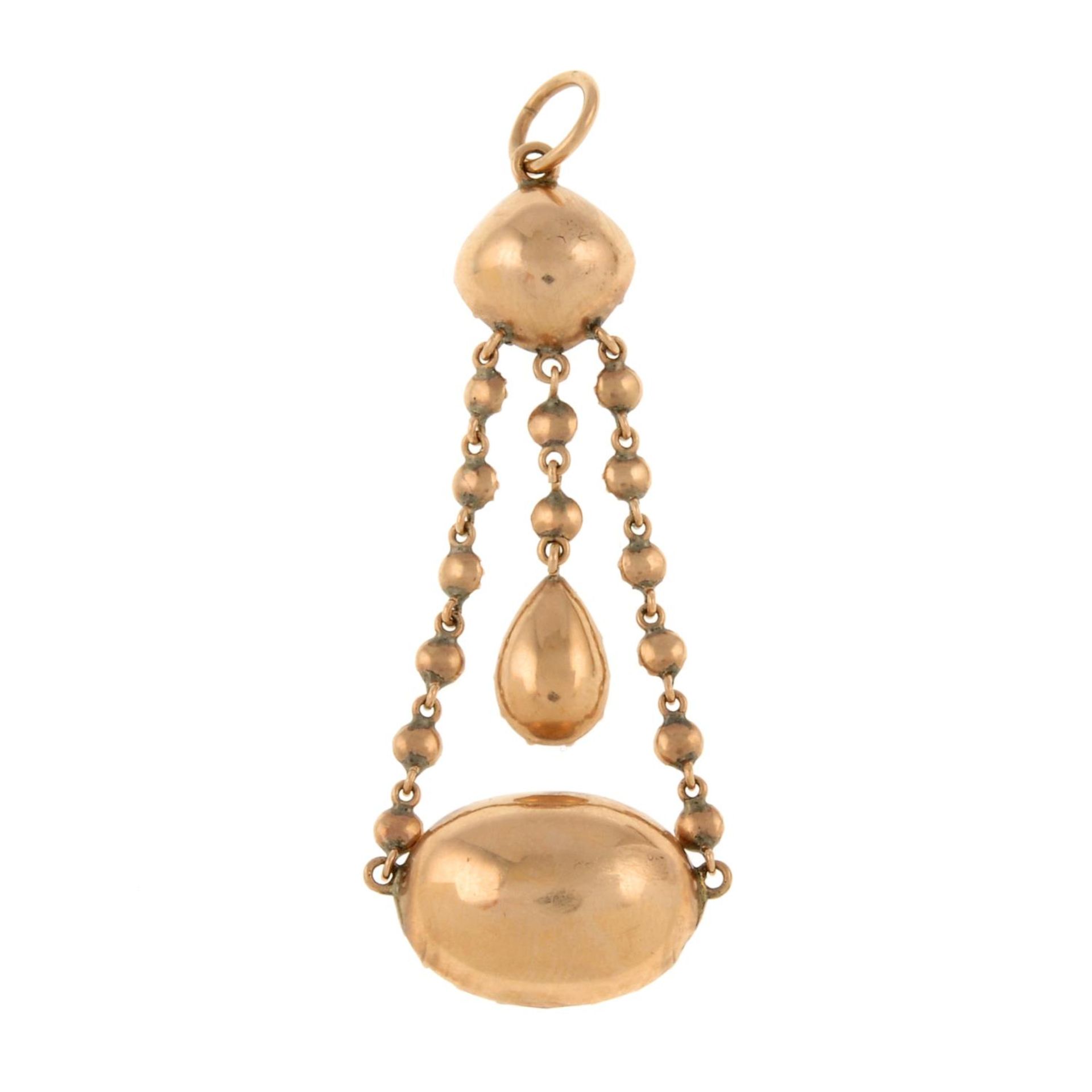 A 19th century gold foil-backed amethyst and split pearl pendant.Length 5cms. - Image 2 of 2