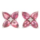 A pair of 9ct gold pink tourmaline cabochon and brilliant-cut diamond floral cluster