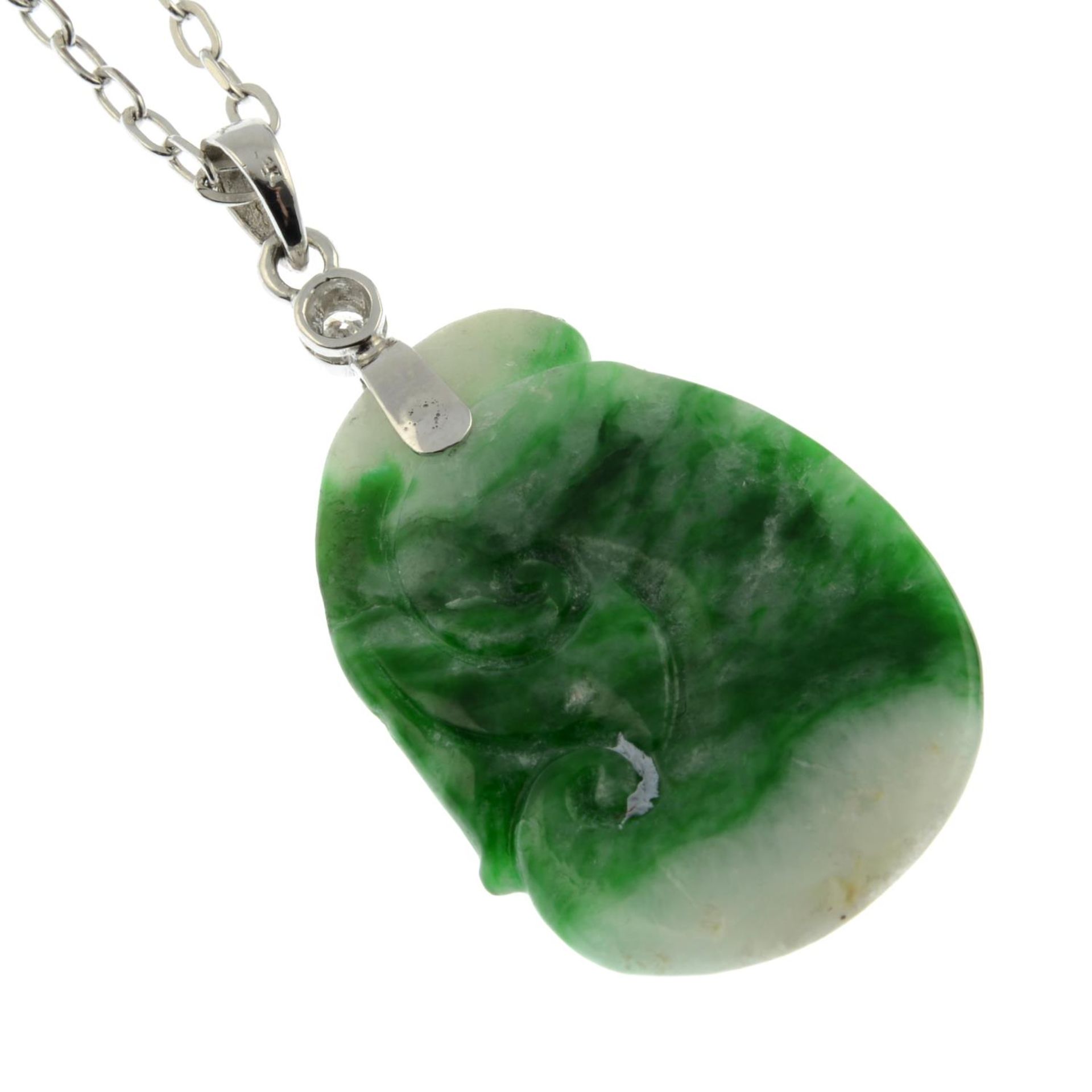 A dyed carved jade and brilliant-cut diamond pendant, - Image 2 of 3