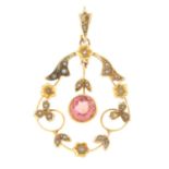 An early 20th century 15ct gold pink tourmaline and split pearl pendant.
