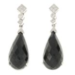 A pair of 18ct gold brilliant-cut diamond and onyx drop earrings.