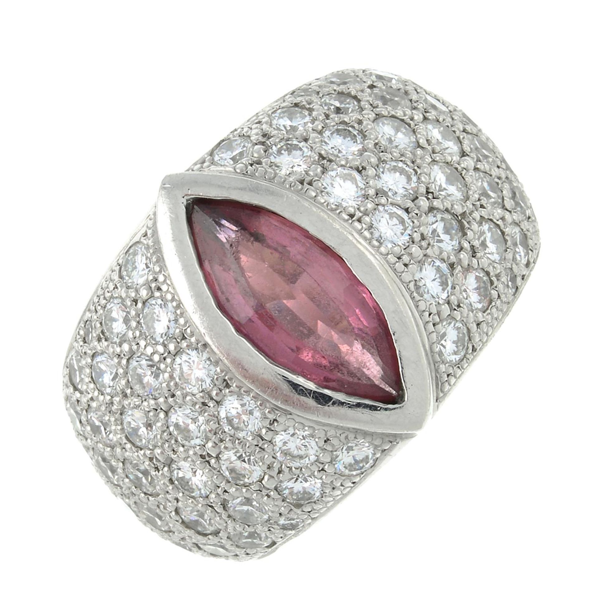 A platinum pink tourmaline and brilliant-cut diamond dress ring.Pink tourmaline calculated weight