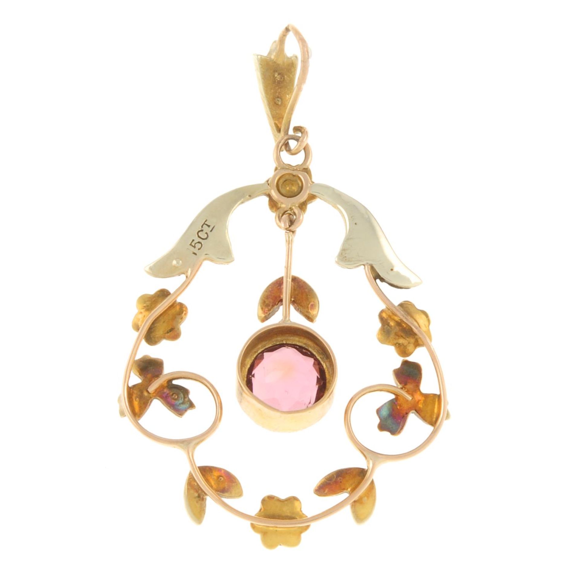 An early 20th century 15ct gold pink tourmaline and split pearl pendant. - Image 2 of 2