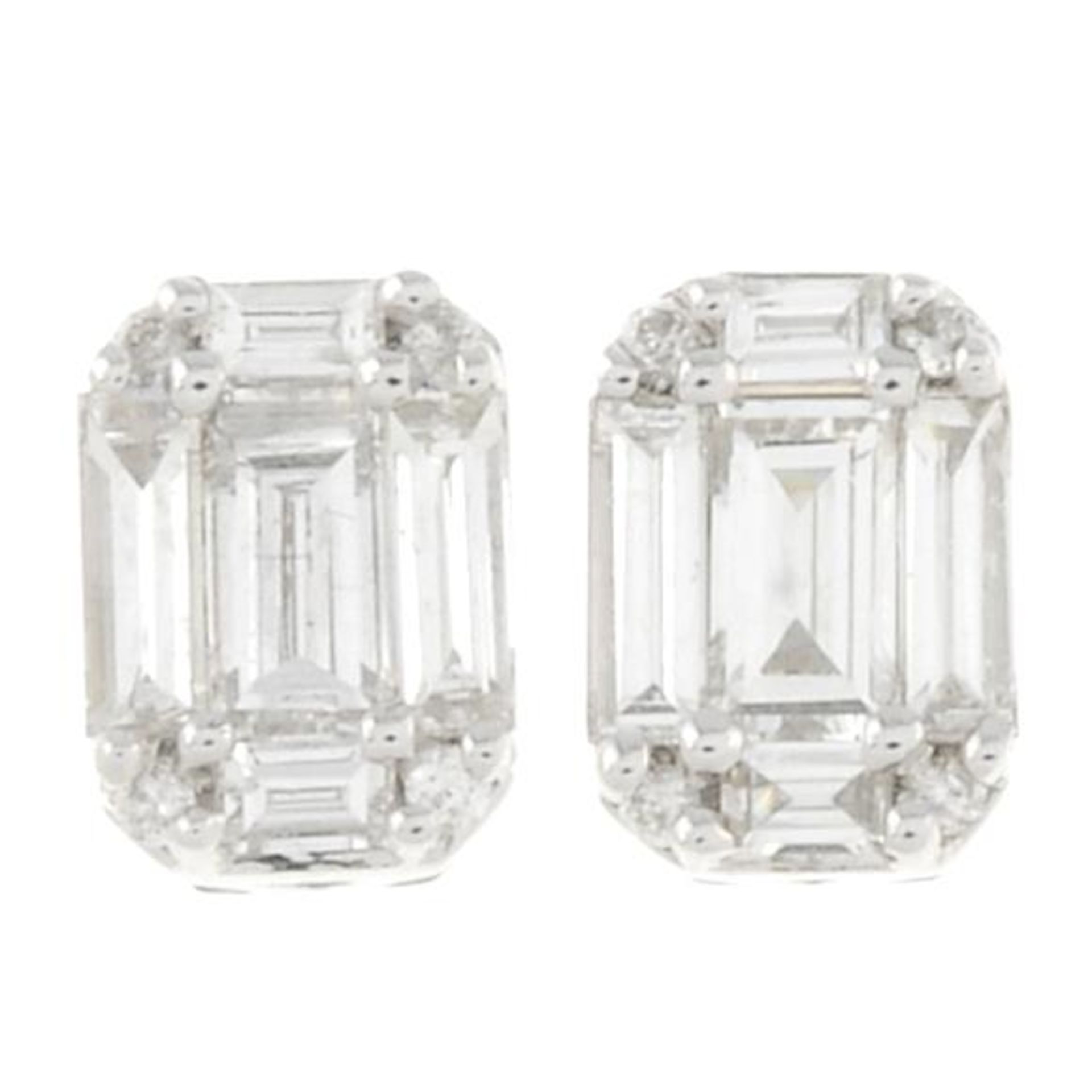 A pair of 18ct gold baguette-cut diamond cluster earrings.Total diamond weight 0.42ct.Hallmarks for