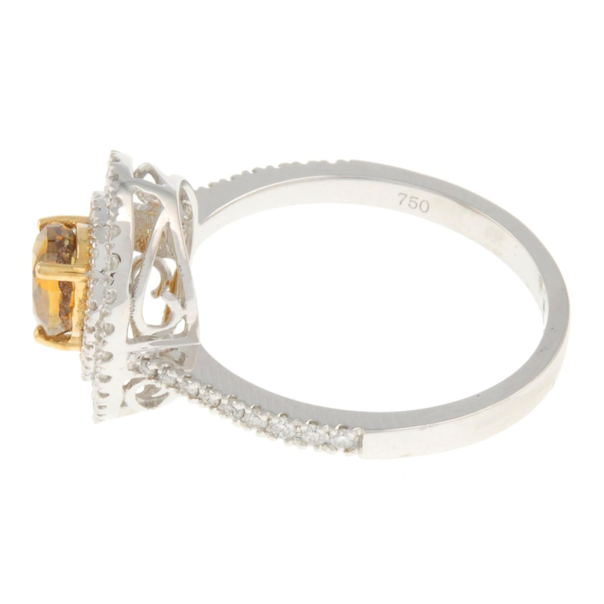 An 18ct gold pear-shape coloured diamond and brilliant-cut diamond cluster ring.Principal diamond - Image 2 of 4