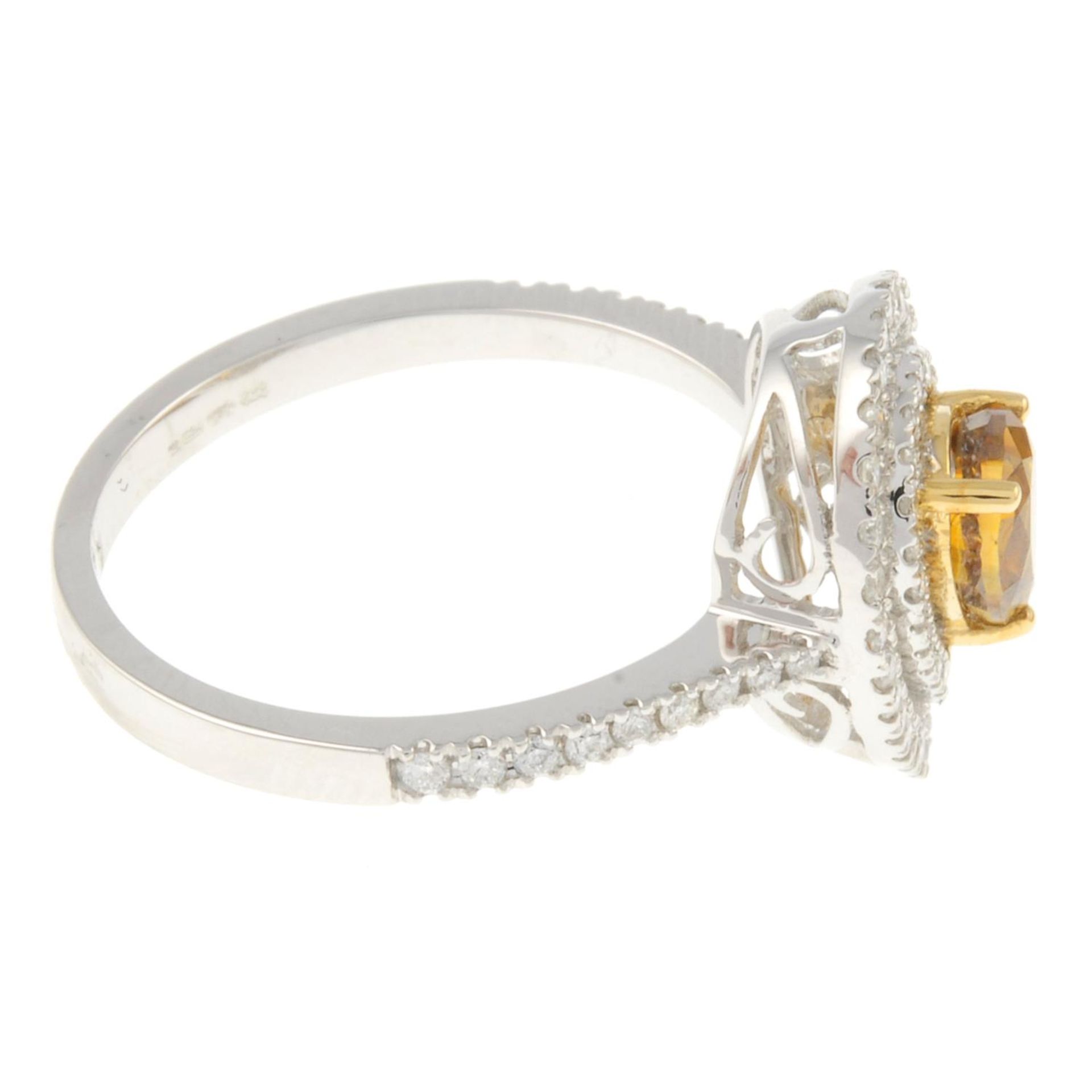 An 18ct gold pear-shape coloured diamond and brilliant-cut diamond cluster ring.Principal diamond - Image 3 of 4