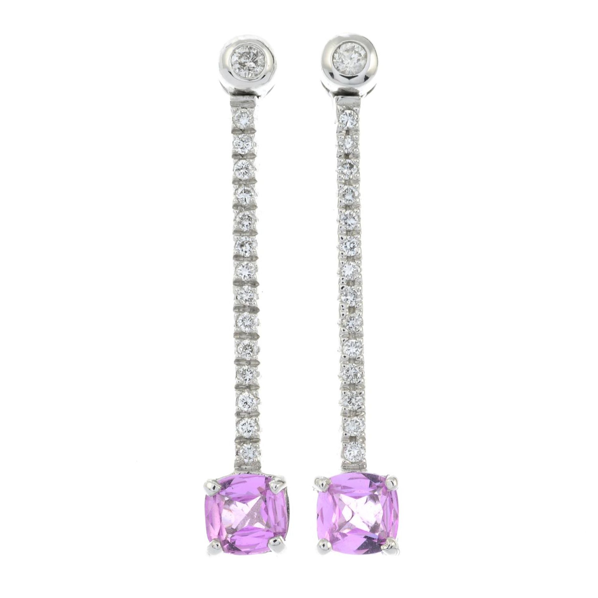 A pair of 18ct gold pink sapphire and brilliant-cut diamond drop earrings.Total sapphire weight