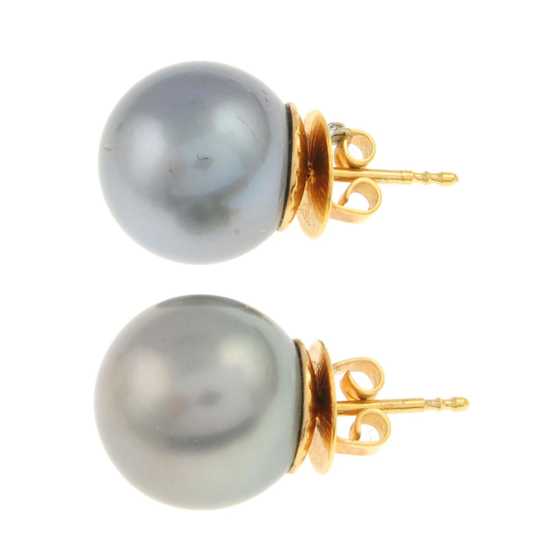 A pair of tahitian cultured pearl stud earrings. - Image 2 of 3
