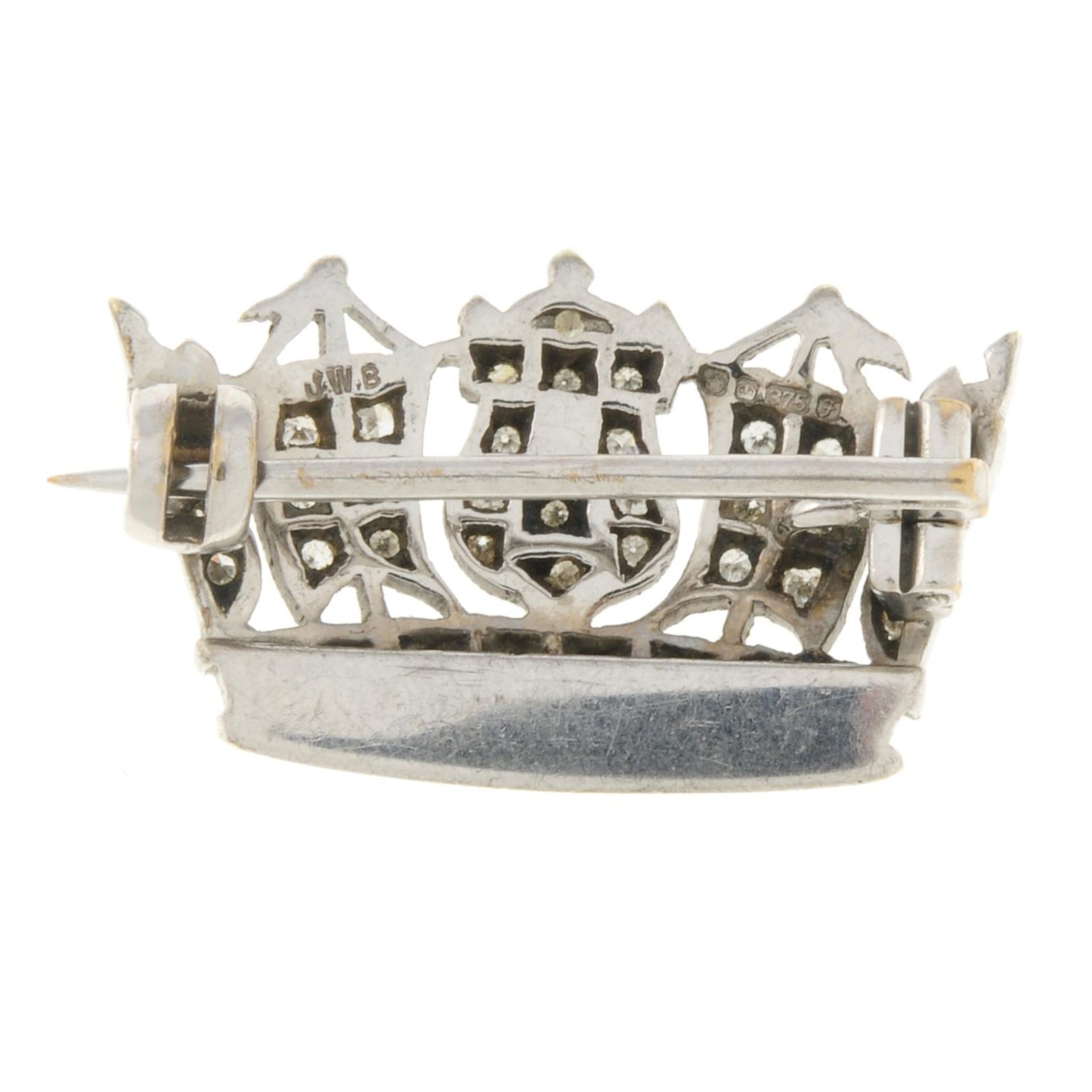 A 9ct gold diamond Naval crown brooch.Estimated total diamond weight 0.20ct.Hallmarks for - Image 2 of 2
