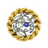 An Art Nouveau 18ct gold and silver, sapphire, diamond and cultured pearl brooch.