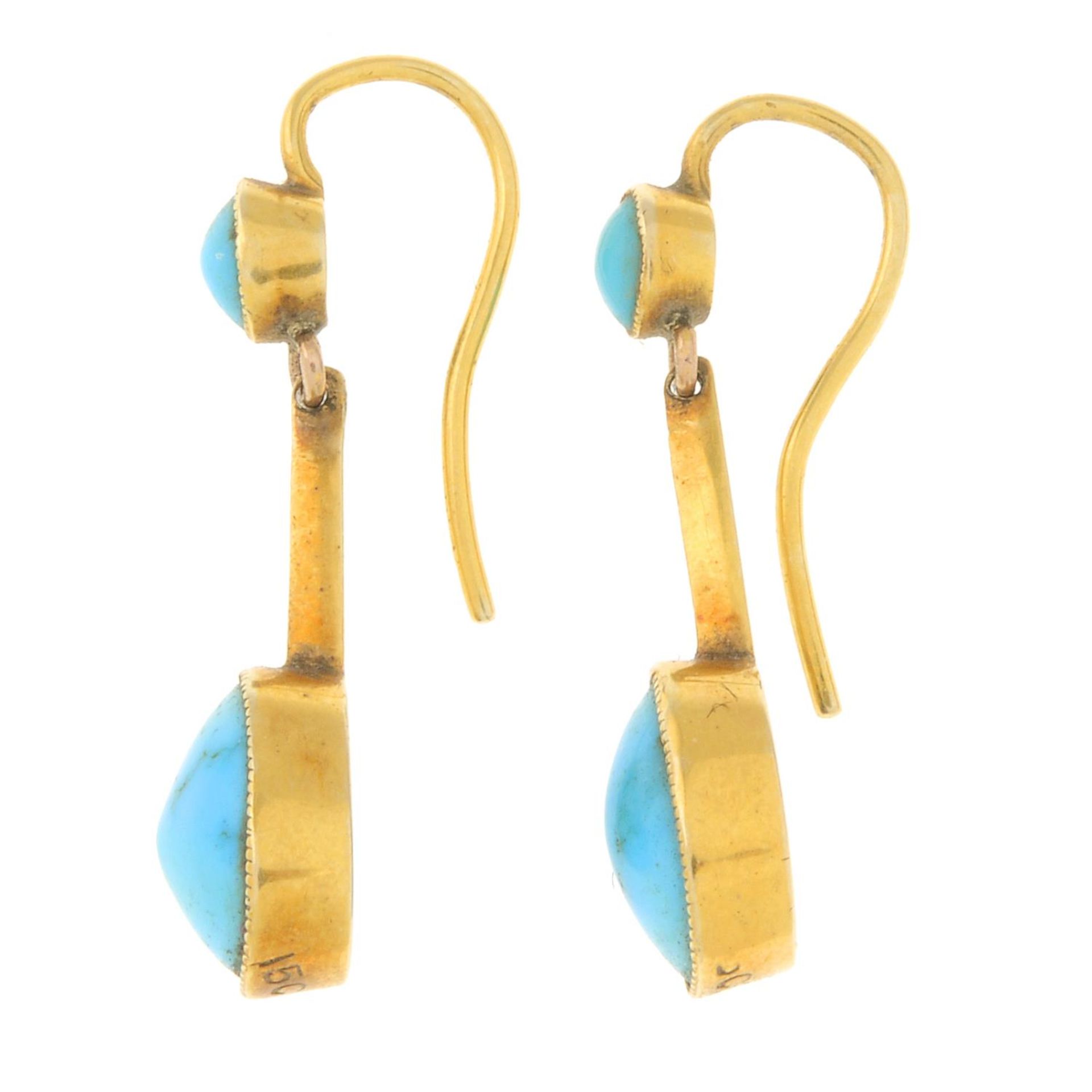 A pair of early 20th century 15ct gold turquoise drop earrings.Stamped 15CT, partially indistinct. - Image 2 of 2