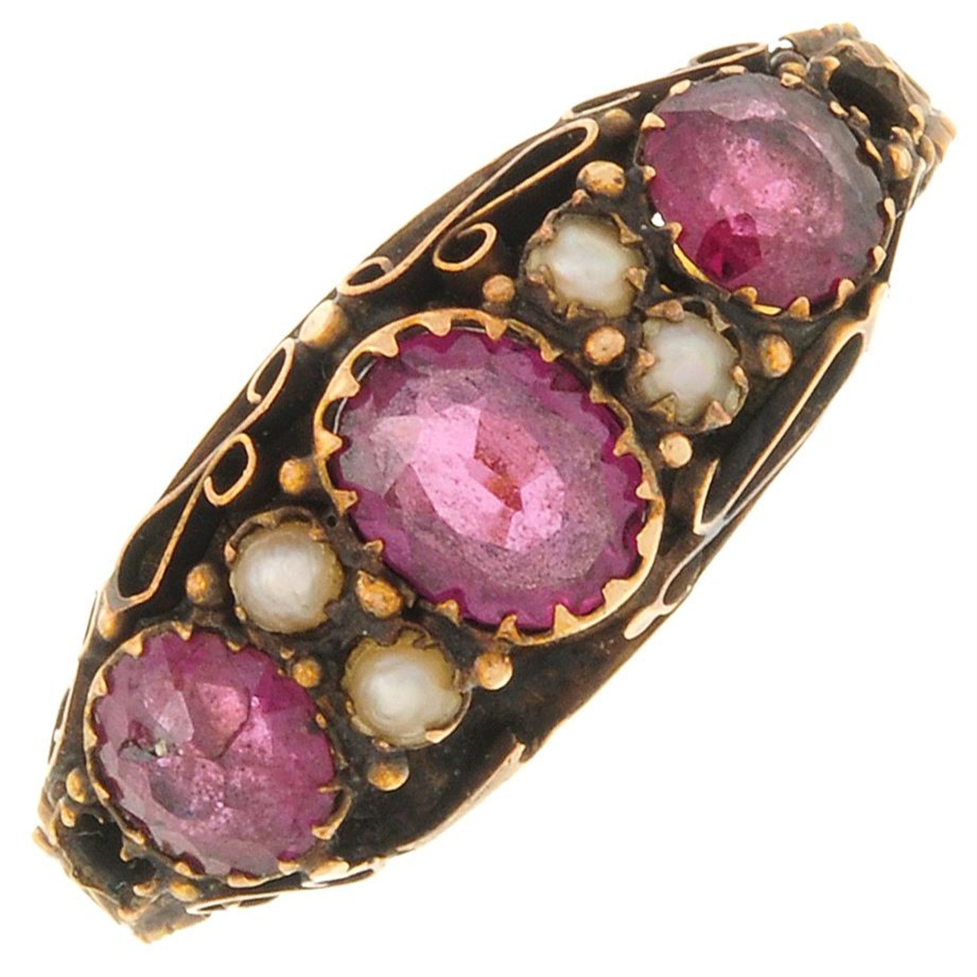 A mid Victorian 15ct gold garnet and split pearl ring.