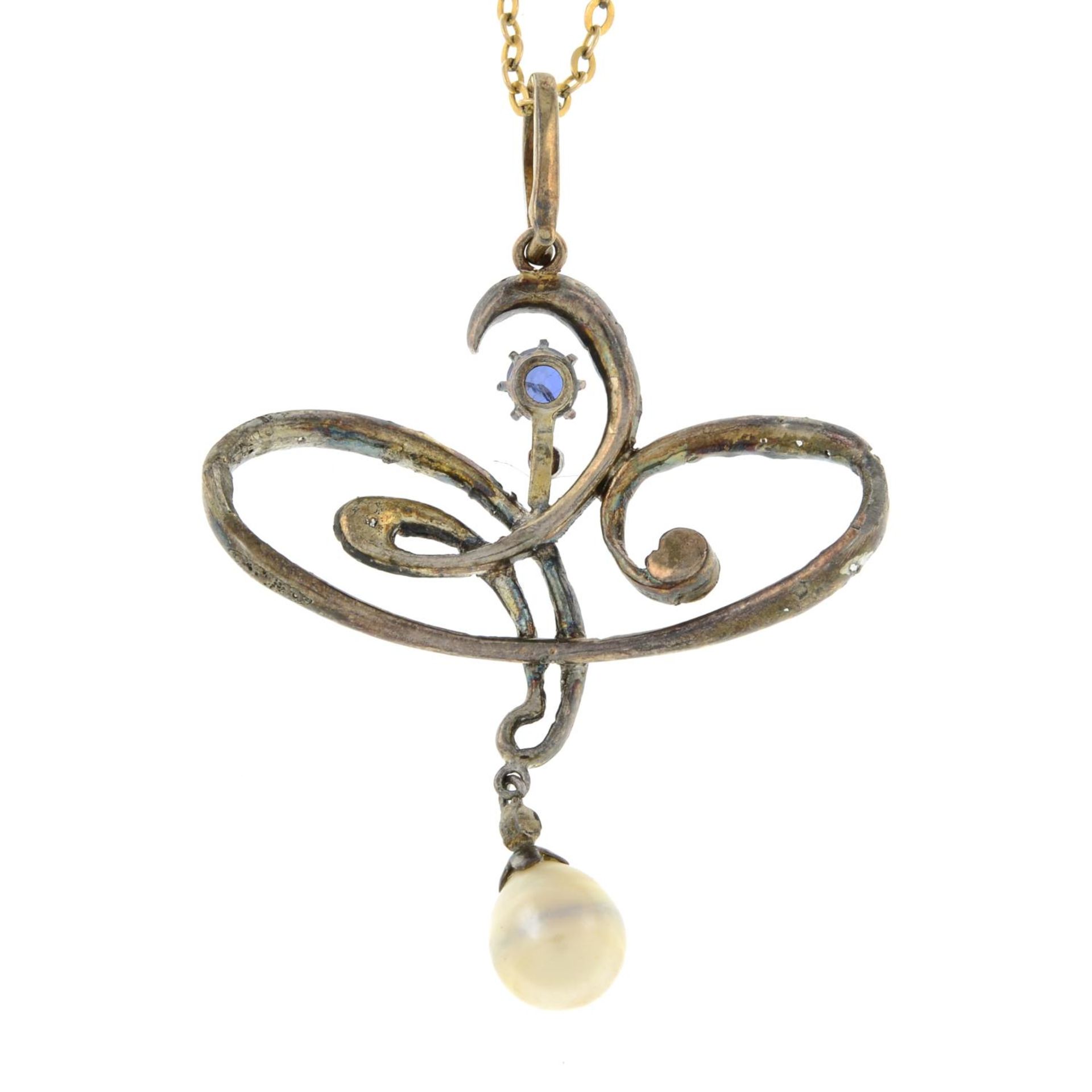 A cultured pearl, sapphire and old-cut diamond pendant, suspended from a chain. - Image 2 of 2