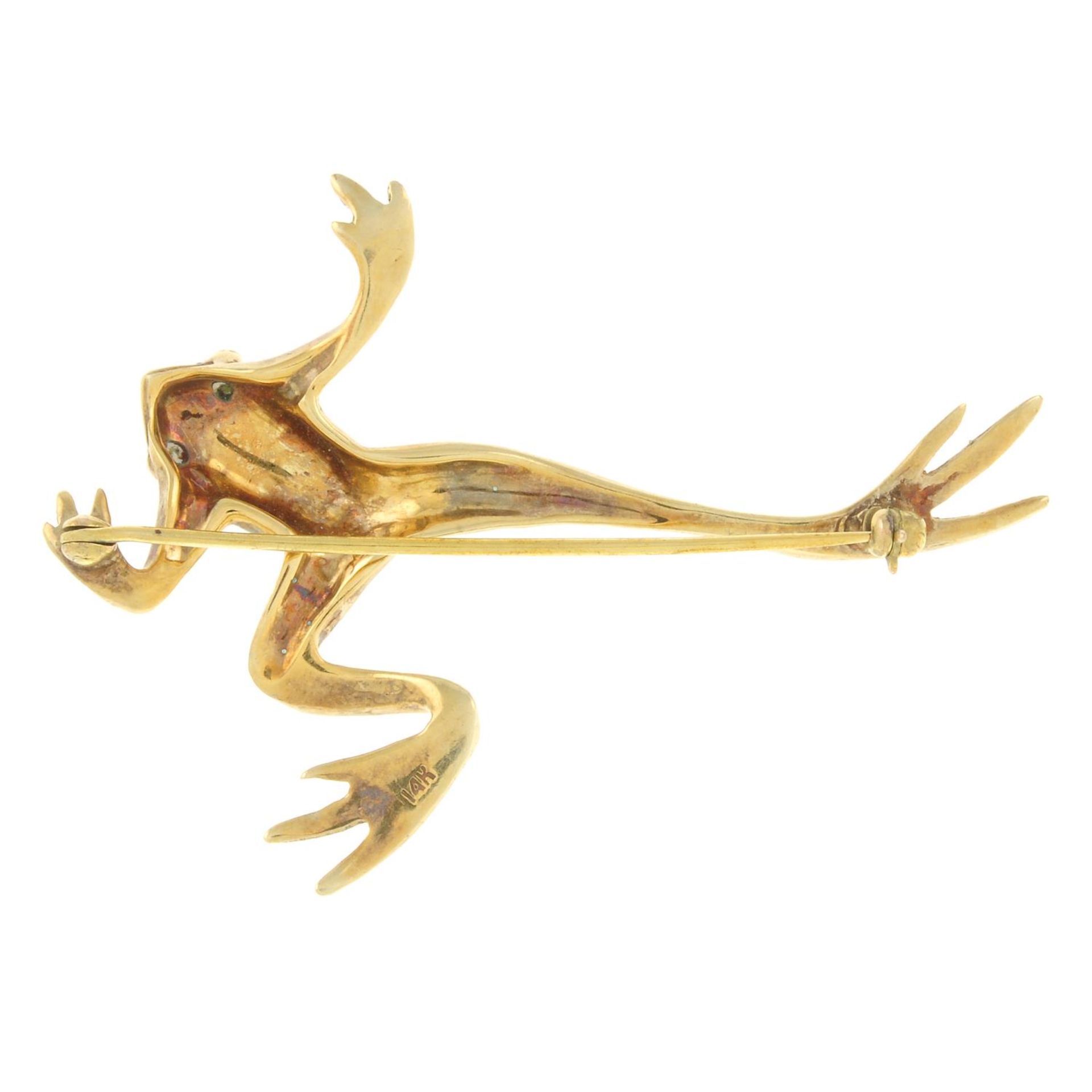 A green, white and red enamel frog brooch.Stamped 14K.Length 5.7cms. - Image 2 of 2