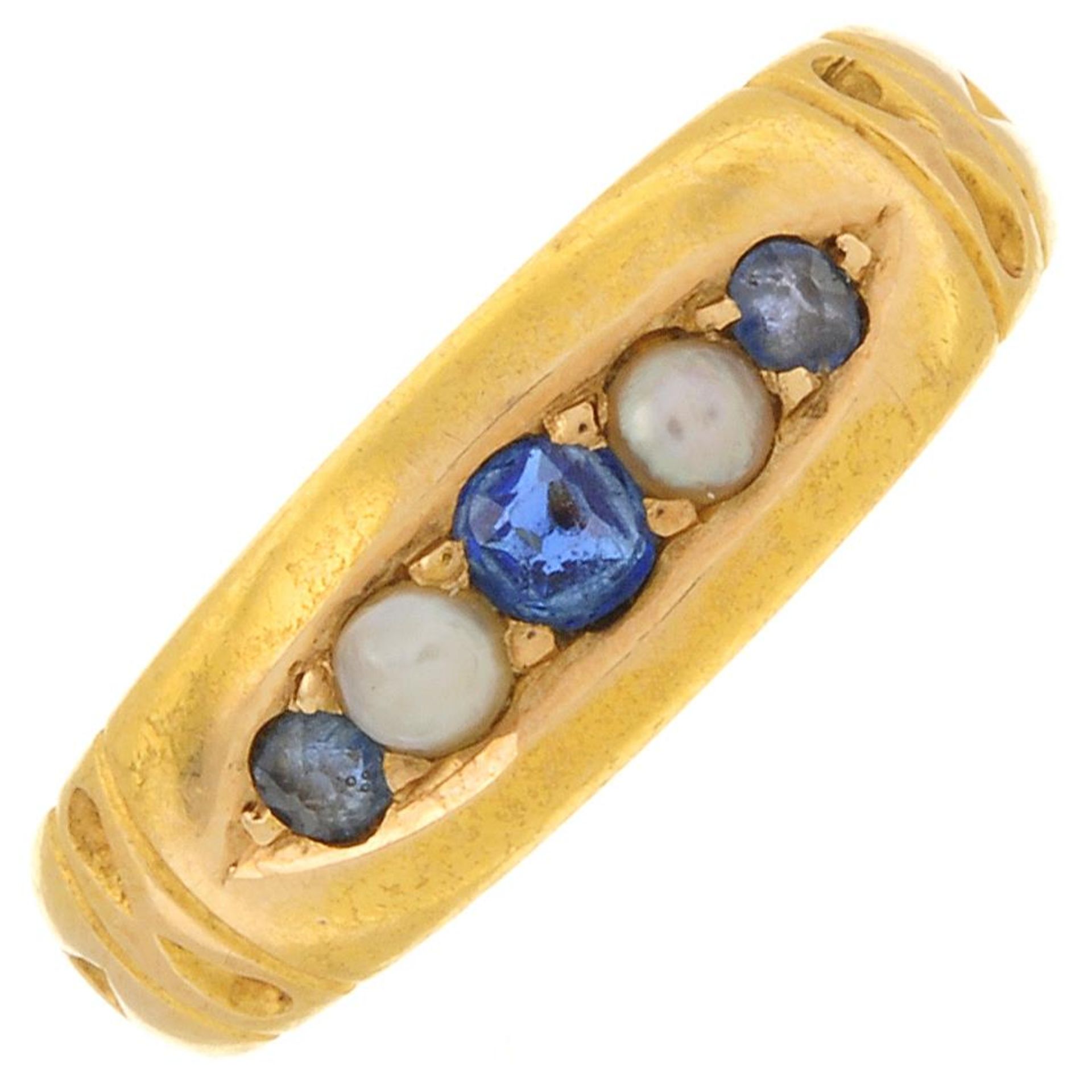 A mid Victorian 15ct gold sapphire and split pearl five-stone ring.