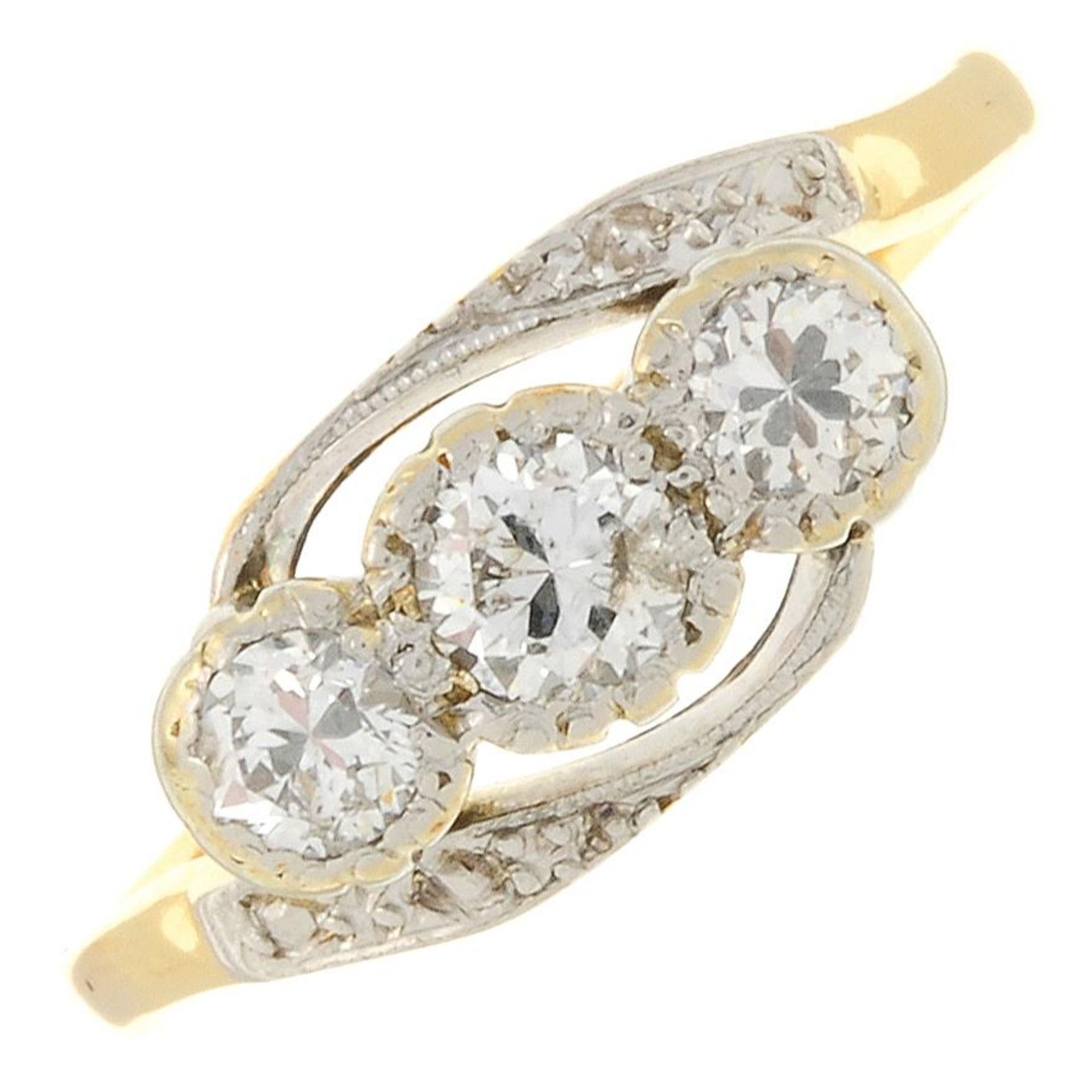 A mid 20th century 18ct gold brilliant-cut diamond three-stone ring.Estimated total diamond weight