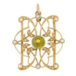 An early 20th century 15ct gold peridot and split pearl floral pendant.