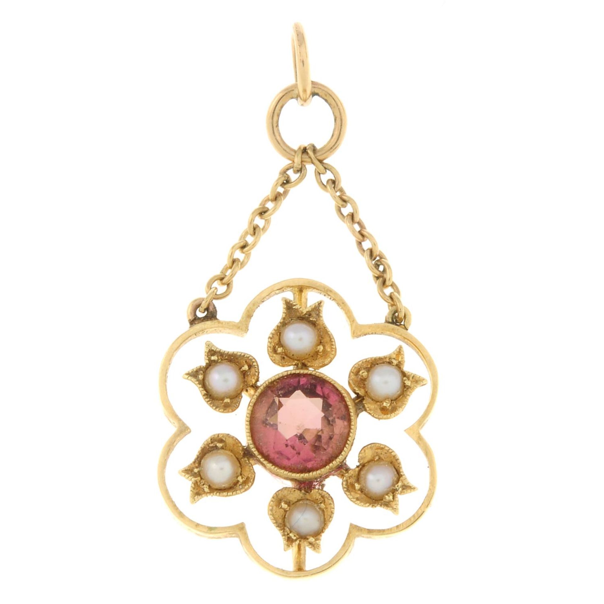 An early 20th century pink tourmaline and split pearl floral drop pendant.