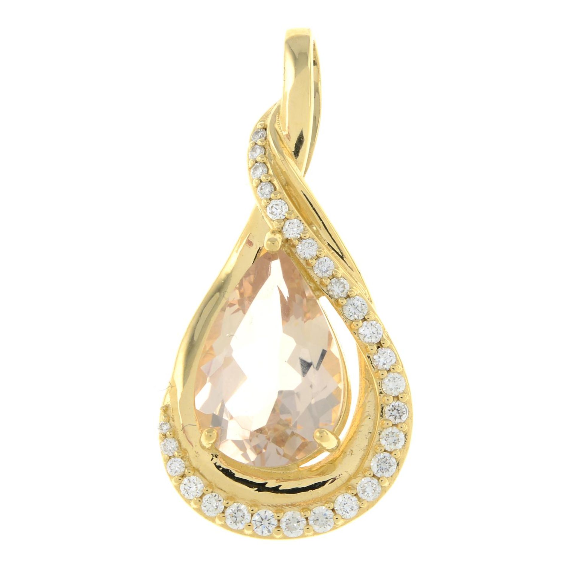 A morganite and diamond pendant.Morganite calculated weight 3.96cts,
