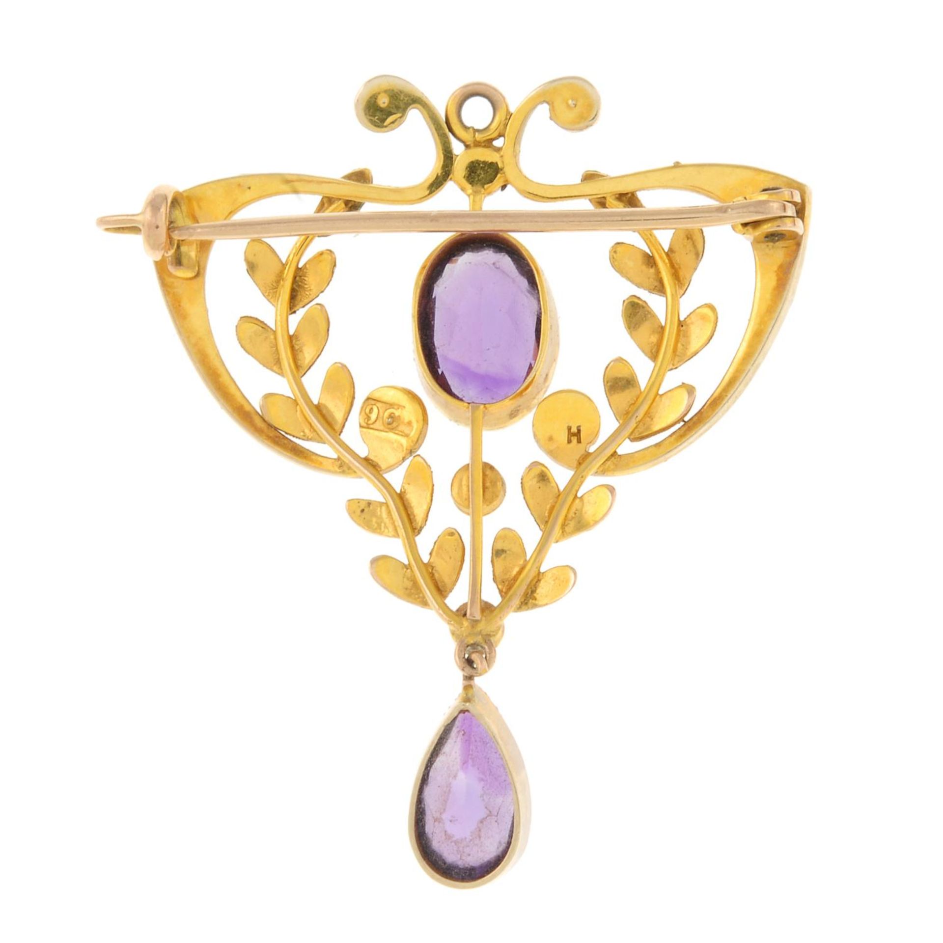 An early 20th century 9ct gold amethyst and split pearl brooch.May be worn as a pendant. - Image 2 of 2