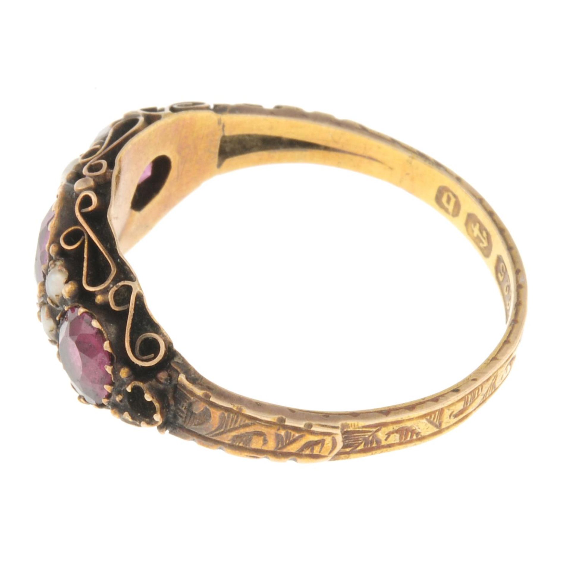 A mid Victorian 15ct gold garnet and split pearl ring. - Image 2 of 3