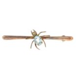 An early 20th century 9ct gold aquamarine and split pearl spider bar brooch.Stamped 9CT.