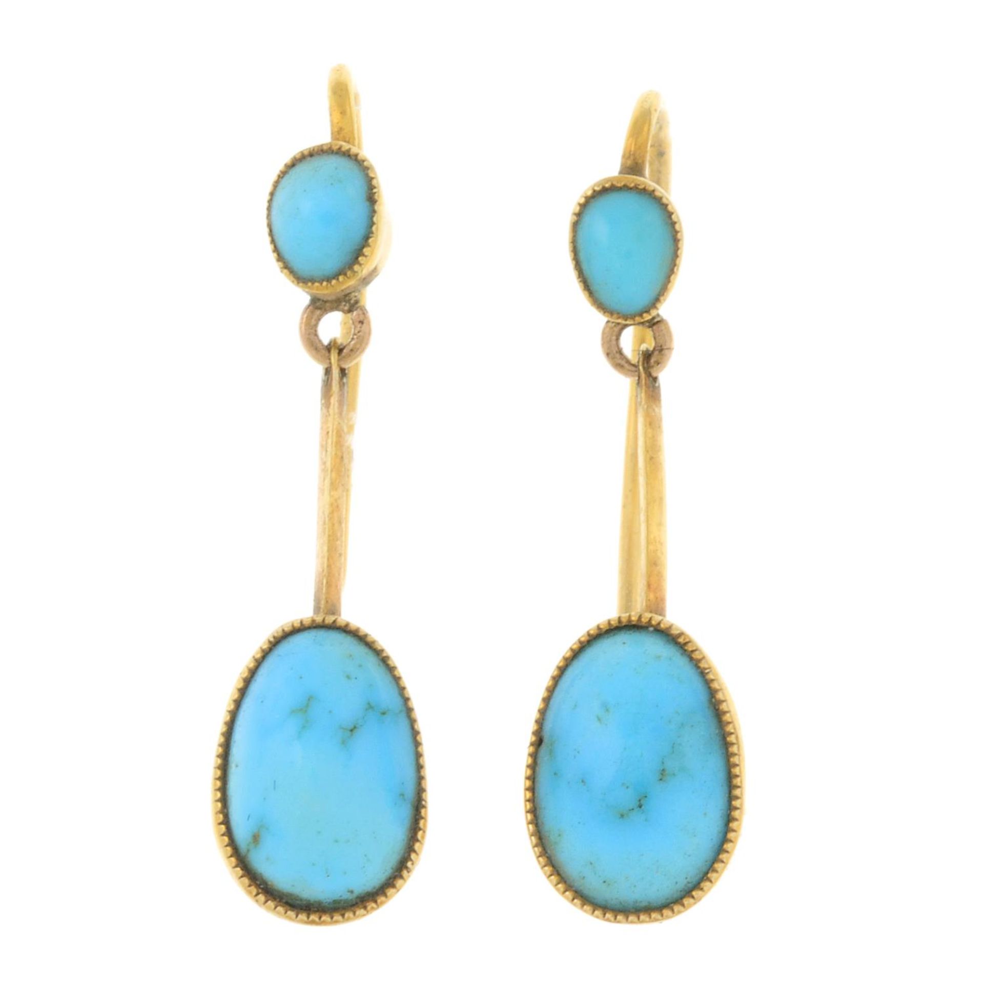 A pair of early 20th century 15ct gold turquoise drop earrings.Stamped 15CT, partially indistinct.