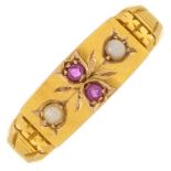 A late Victorian 15ct gold ruby and split pearl dress ring.Hallmarks for Birmingham, 1900.