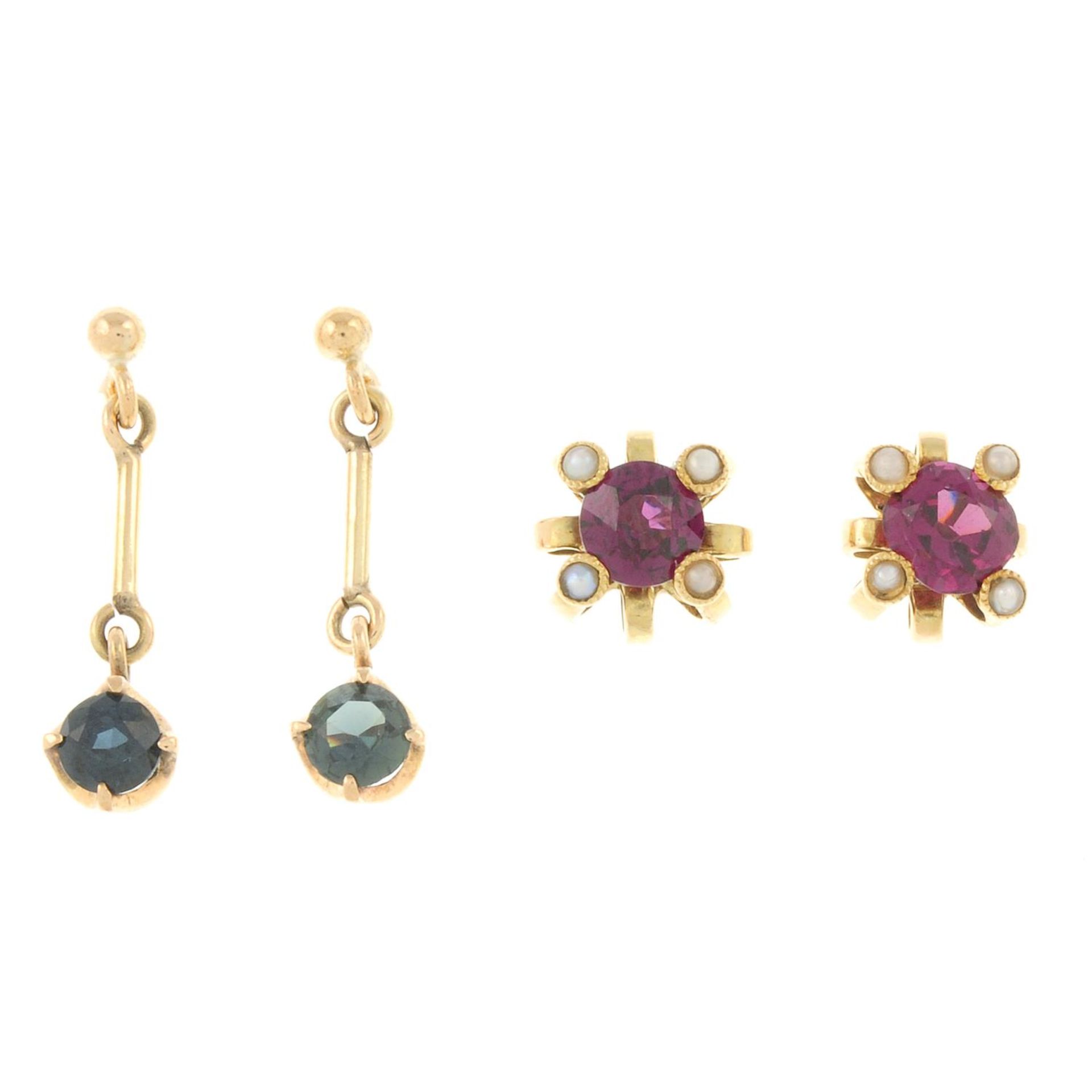 9ct gold purple gem and split pearl stud earrings,