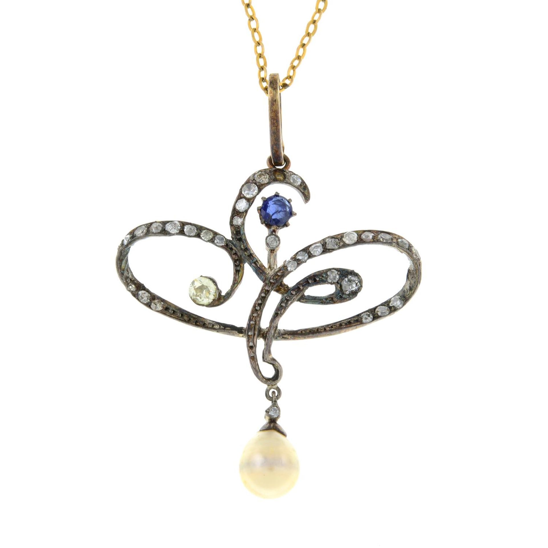 A cultured pearl, sapphire and old-cut diamond pendant, suspended from a chain.