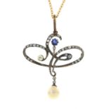 A cultured pearl, sapphire and old-cut diamond pendant, suspended from a chain.