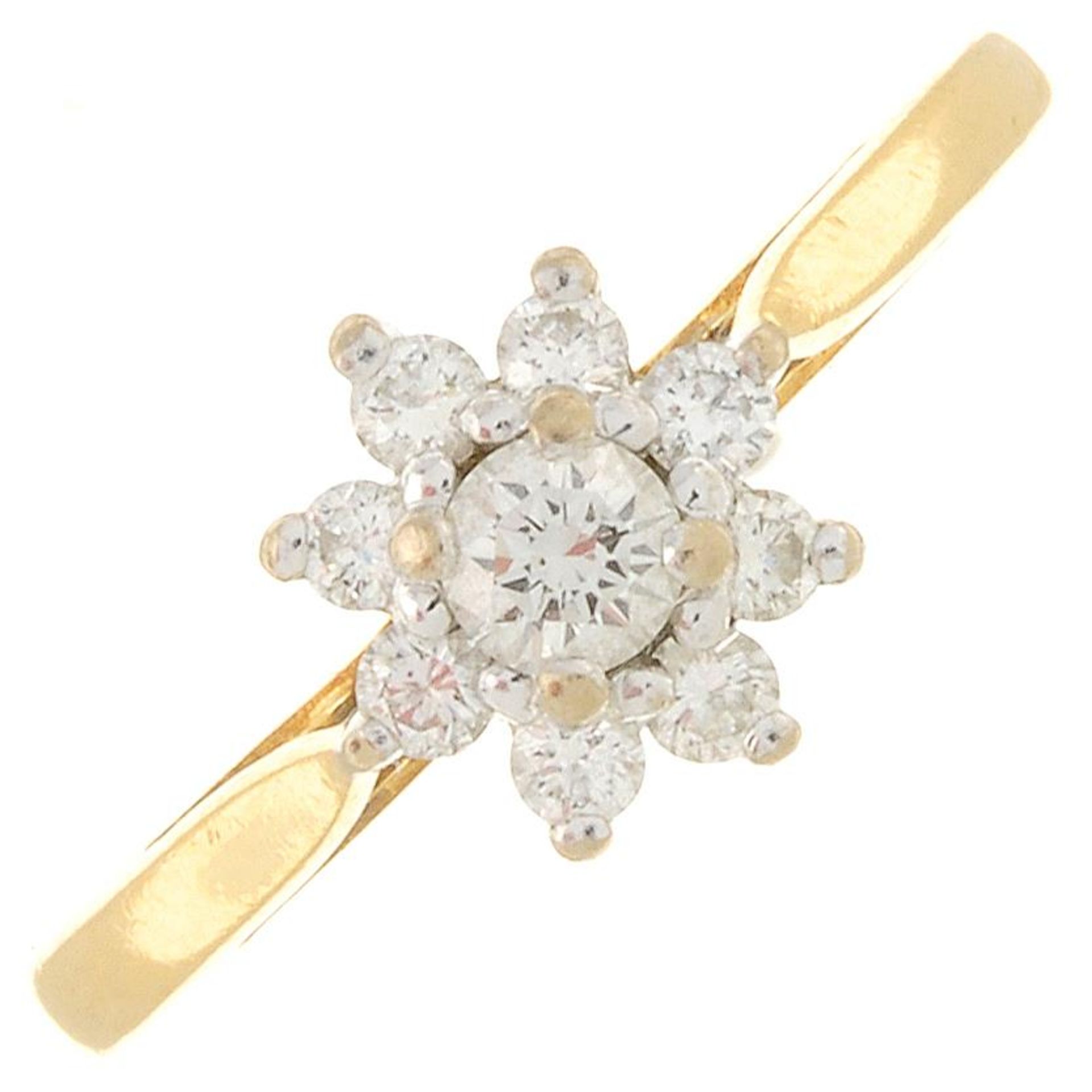 An 18ct gold diamond cluster ring.Estimated total diamond weight 0.25ct.