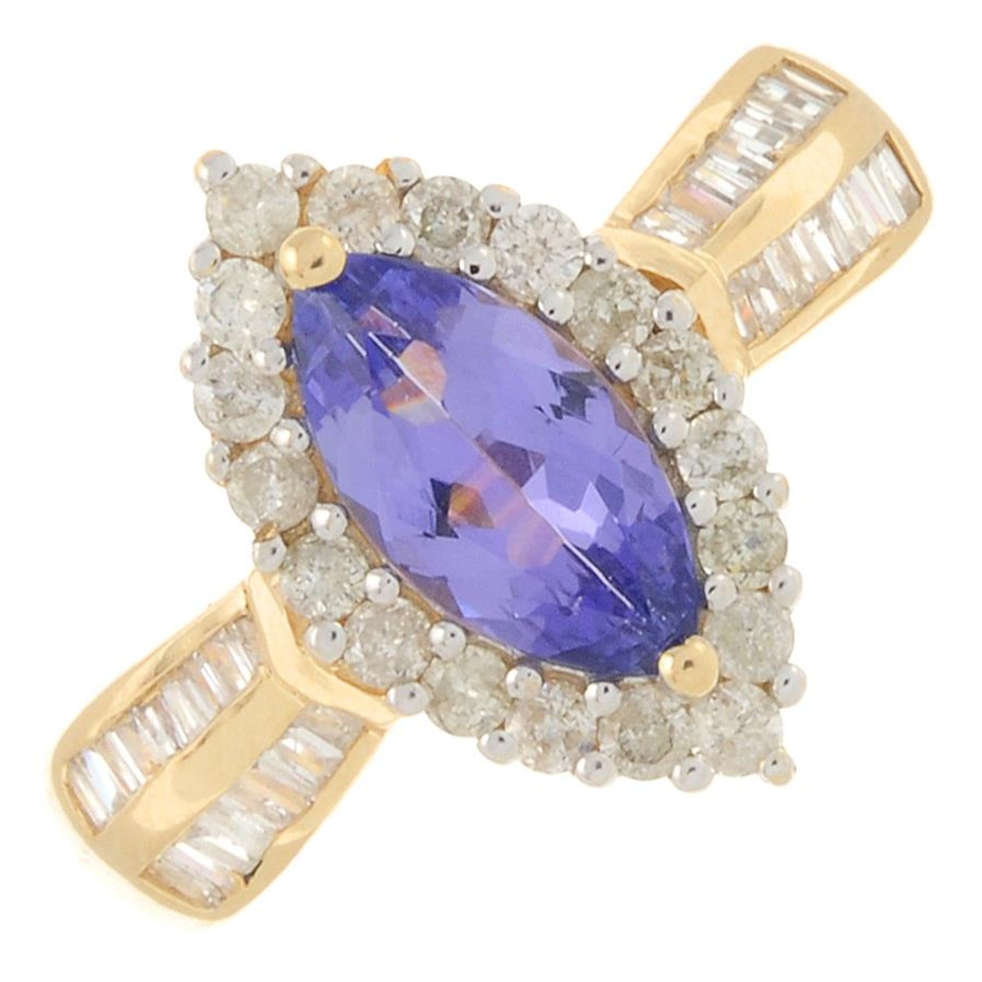A tanzanite and vari-cut diamond cluster ring.Estimated total diamond weight 0.50ct.Stamped