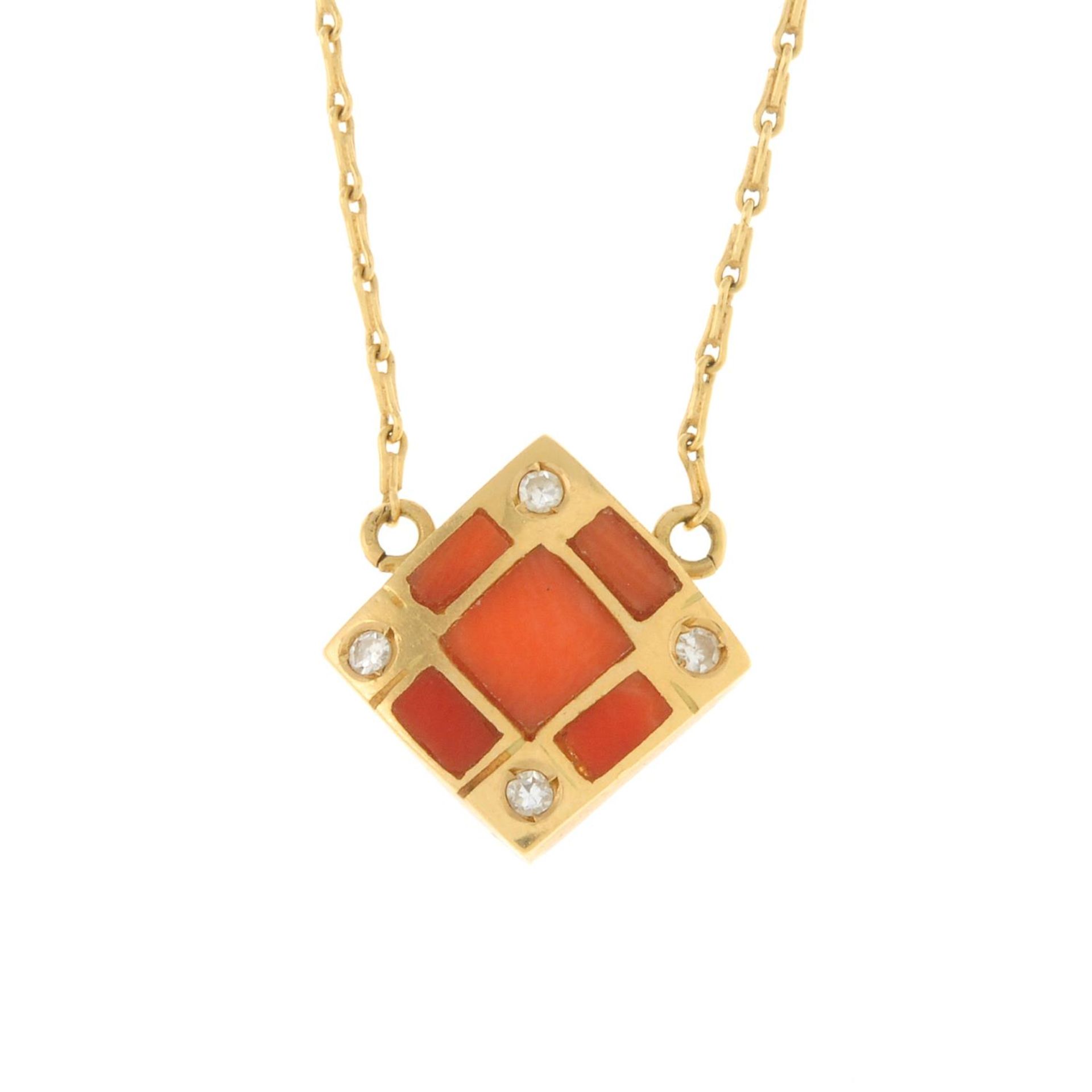 A 1970s 18ct gold coral and diamond pendant, on an integral chain.Clasp deficient.
