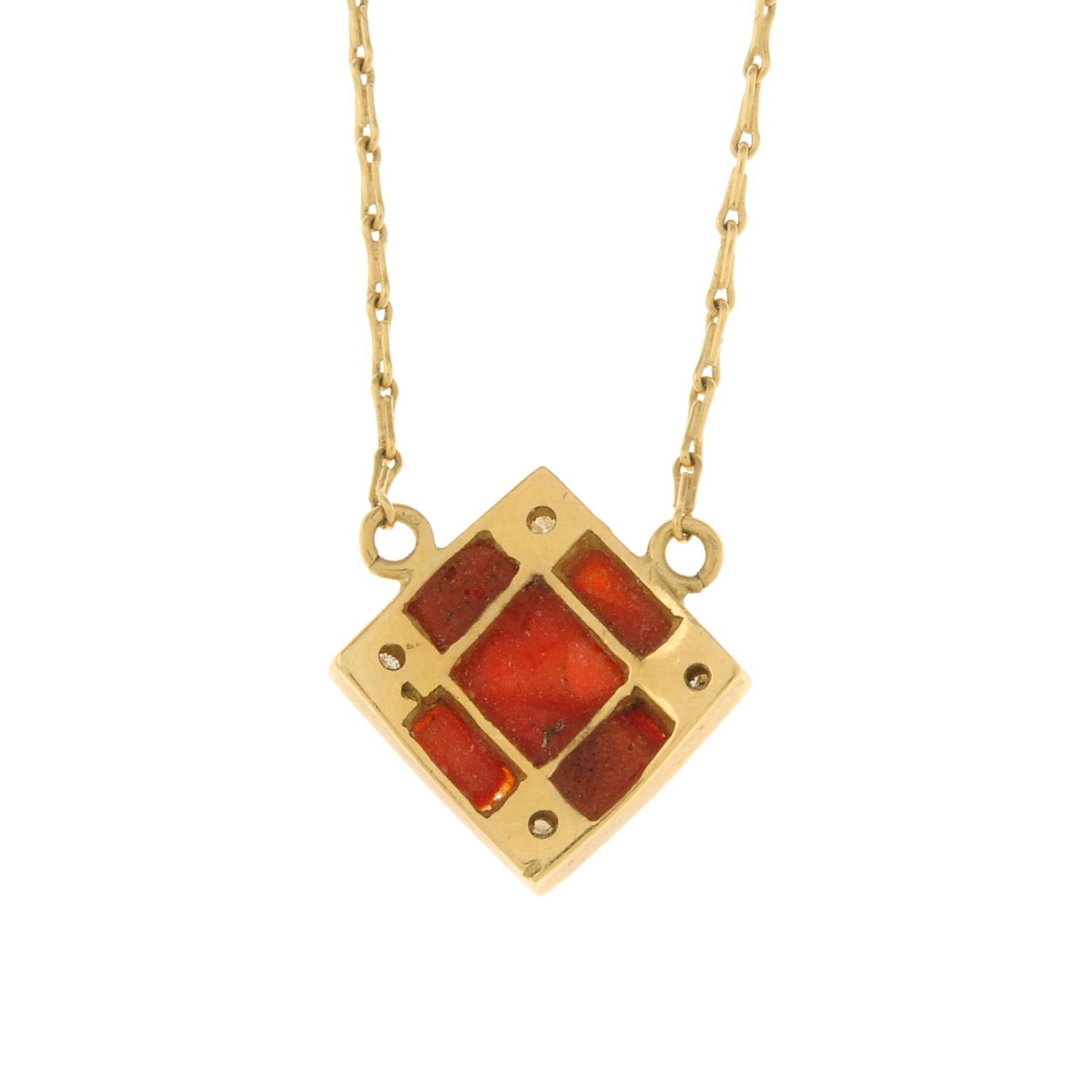 A 1970s 18ct gold coral and diamond pendant, on an integral chain.Clasp deficient. - Image 2 of 2