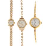 A group of six assorted yellow gold watches,