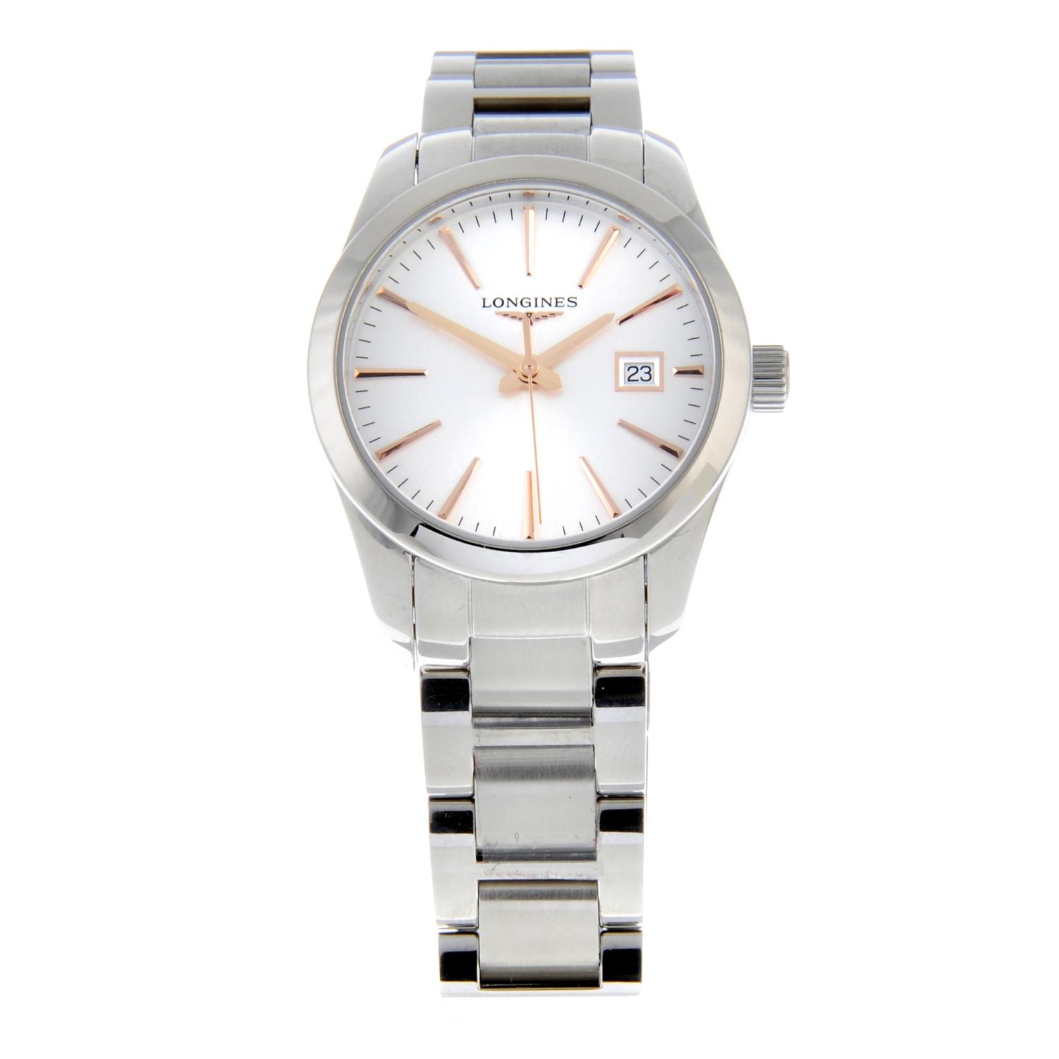 CURRENT MODEL: LONGINES - a lady's stainless steel Conquest Classic bracelet watch.