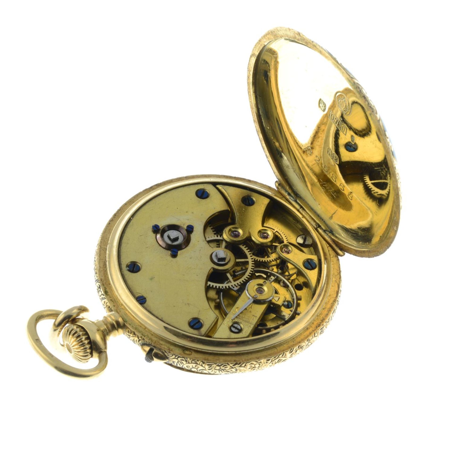 An early 20th century 18ct gold enamel half hunter pocket watch, depicting a seaside sunset. - Image 5 of 5