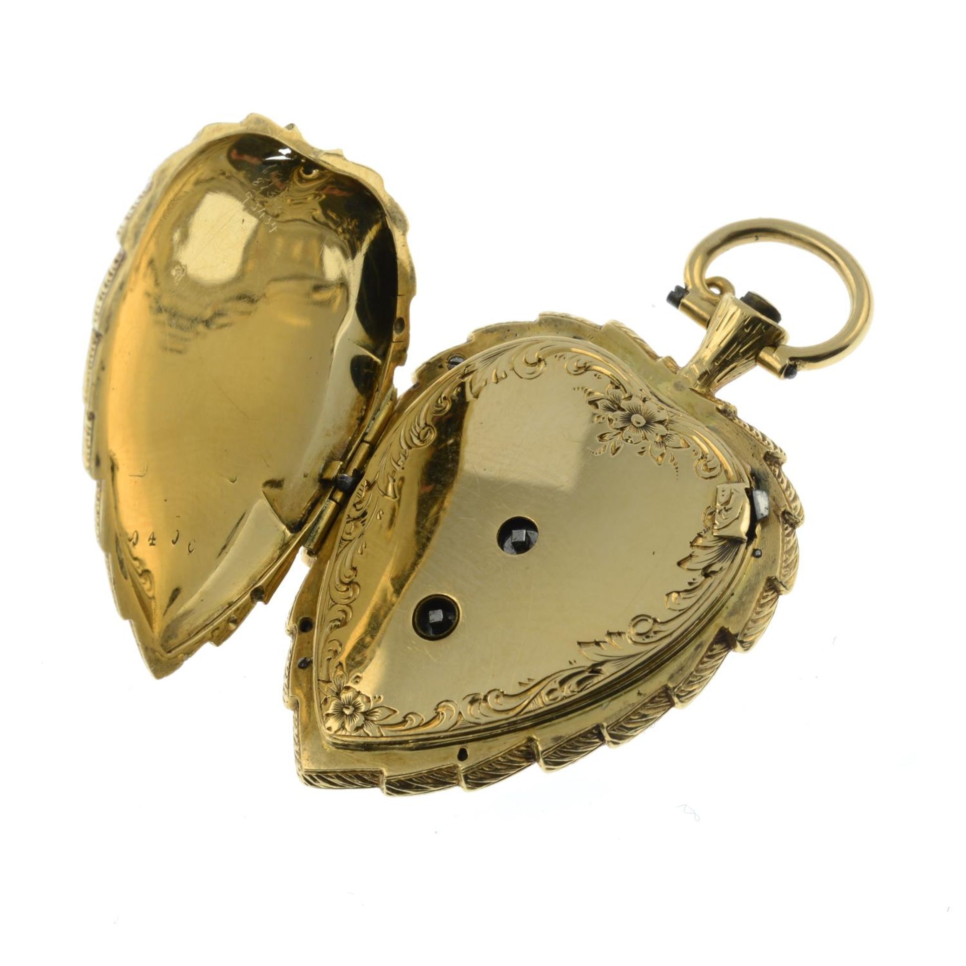 A 19th century 18ct gold black enamel and rose-cut diamond leaf pocket watch. - Bild 6 aus 6